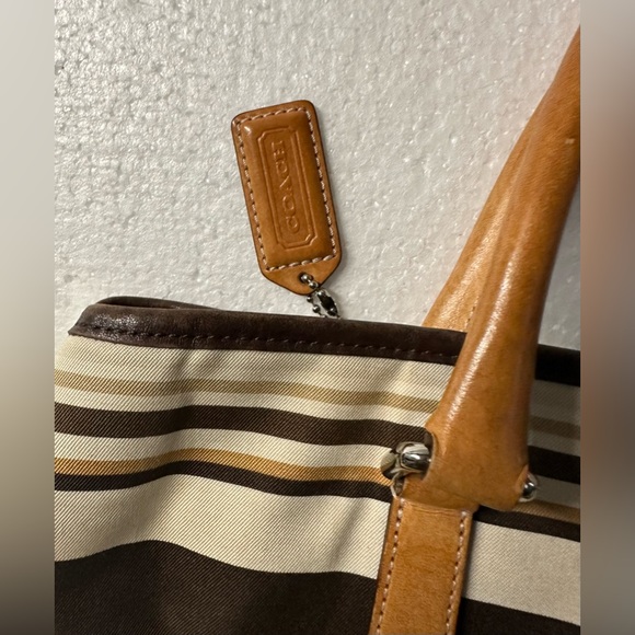 Vintage Rare Coach Leather Canvas Striped Brown Yellow & Tan Satchel Bag. - Picture 4 of 6